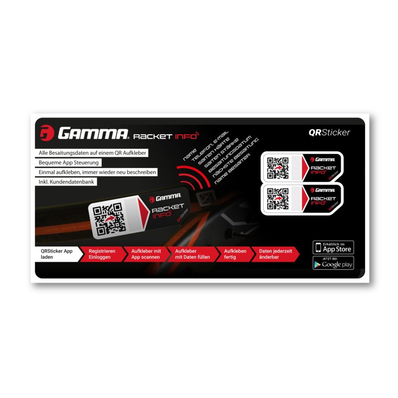 Gamma Racket Info, 2 Besaitungsaufkleber - QR Sticker Startkarte